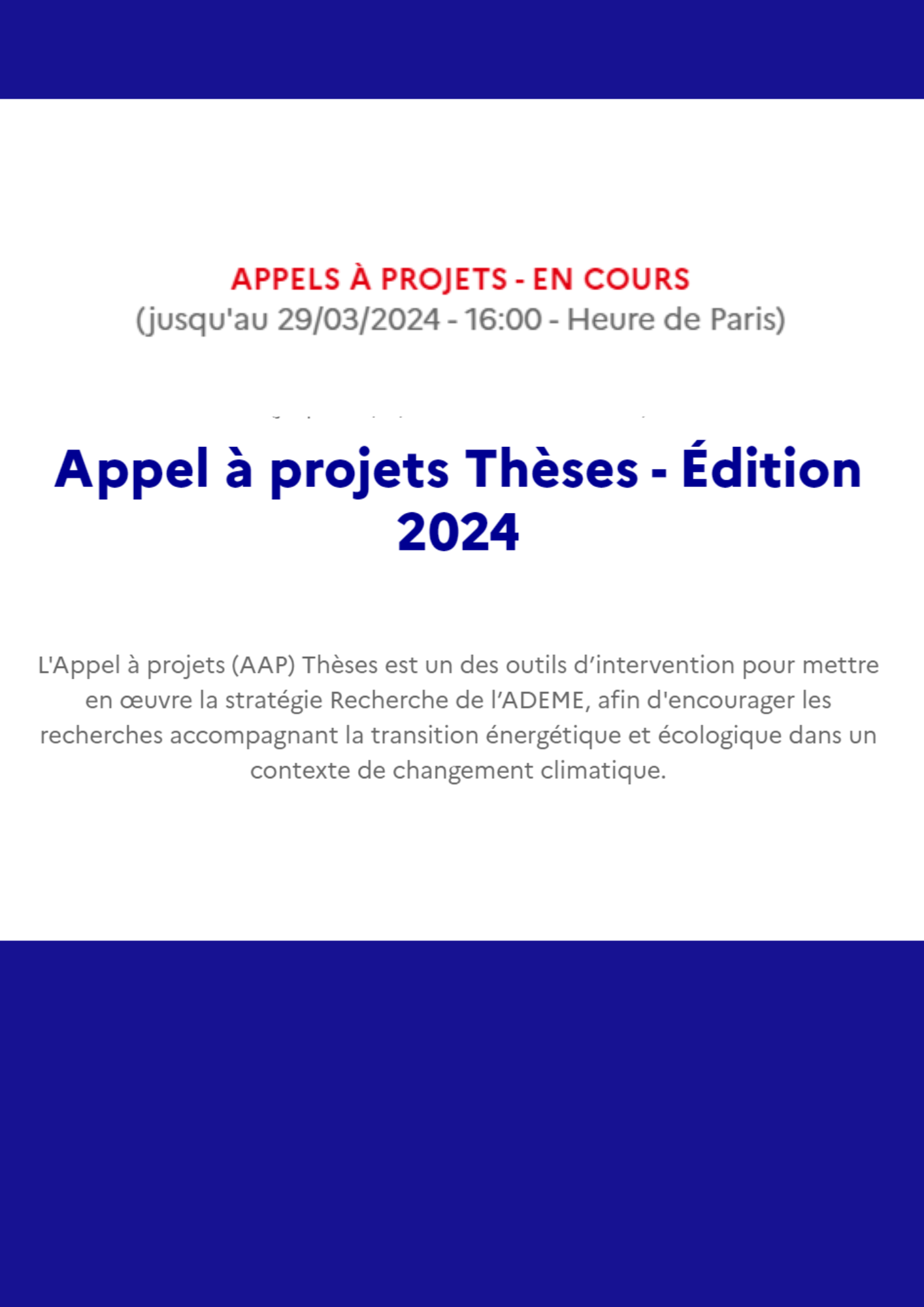 Appel à projets Thèses - Edition 2024 - ADEME