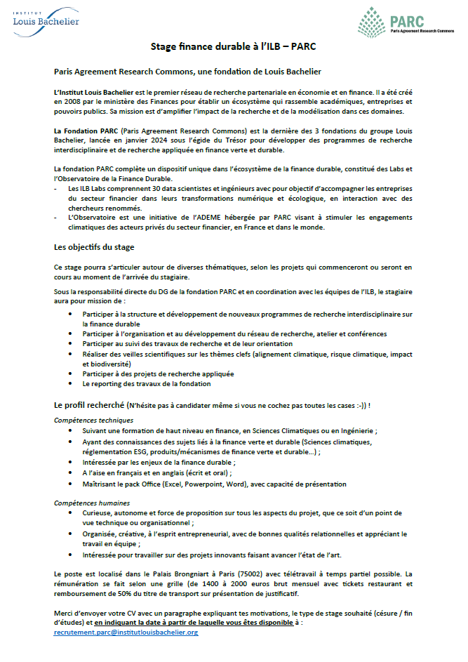 Offre de stage en finance durable à PARC | Paris Agreement Research Commons, une fondation de Louis Bachelier